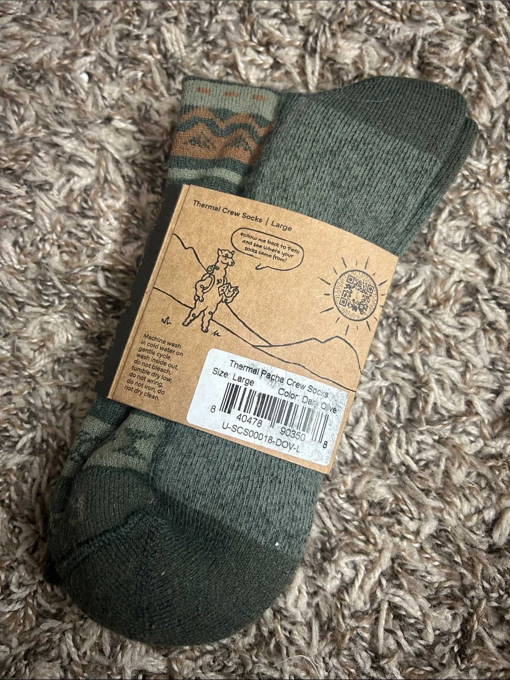Paka Thermal Pacha Crew Socks Dark Olive Sz L NWT